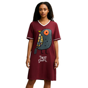 Lazy One Sleepwear T-Shirt Dress OS Burgundy V-Neck Graphic Bird Sleepshirt